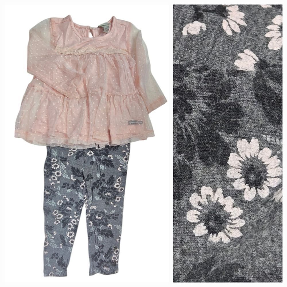 Calvin Klein Baby Girl Pink Swiss Dot Mesh Top Floral Leggings 2pc Matching Set